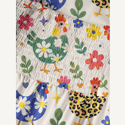 Funky Retro Chicken Print Cotton Wide Straps Maxi Dress With Pockets