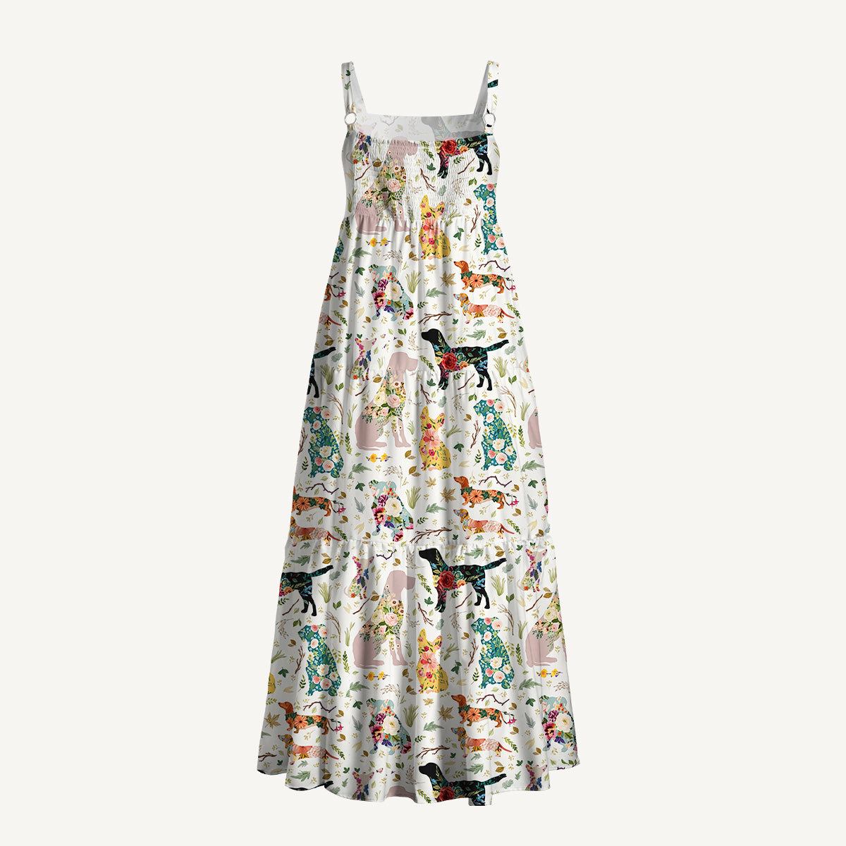 Flower Dog Print Wide Straps Maxi Dress With Pockets