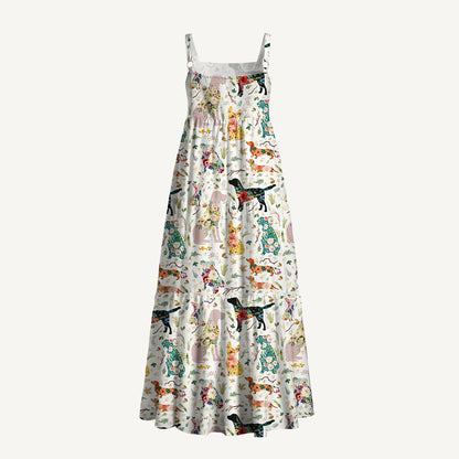 Flower Dog Print Wide Straps Maxi Dress With Pockets