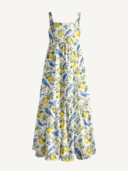 Bluebird Lemon Garden Print Wide Straps Maxi Dress With Pockets