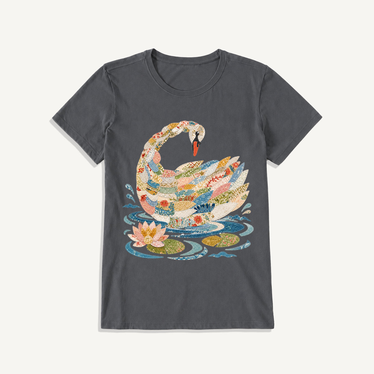 Patchwork Swan Garden Print Crew Neck Cotton Tee