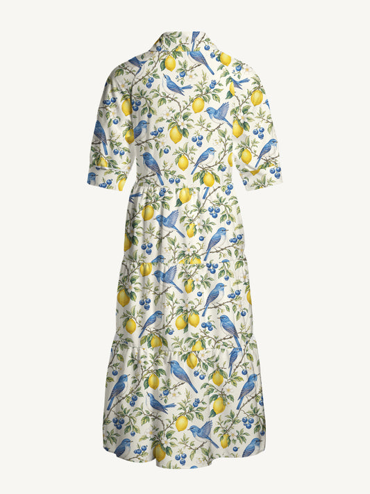 V Neck Collared Bluebird Lemon Garden Print Casual Midi Dress With Pockets