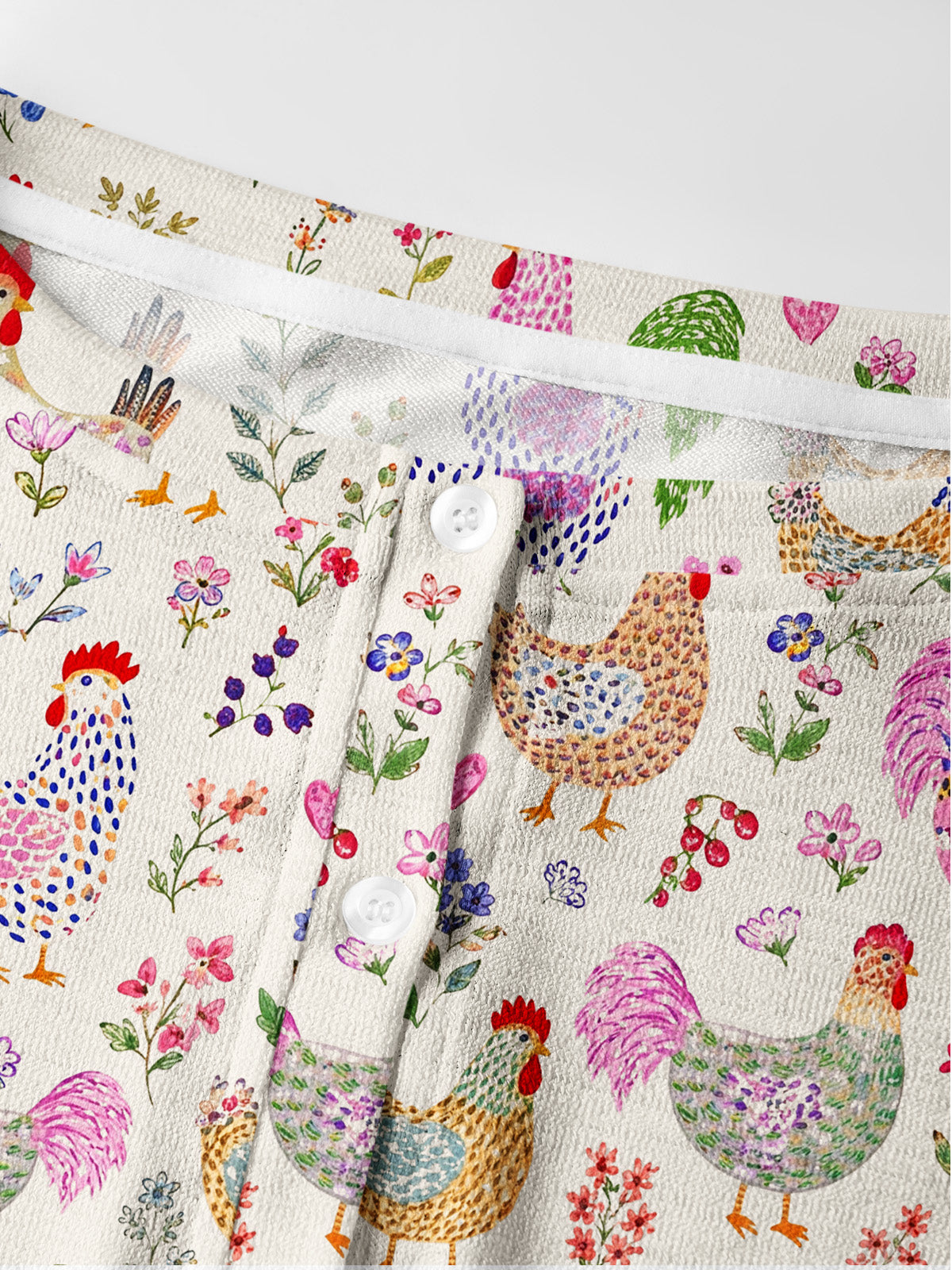 Lightweight Crew Neck Long‑Sleeve Cropped Colorful Farm Chickens Print Fine‑Knit Cardigan