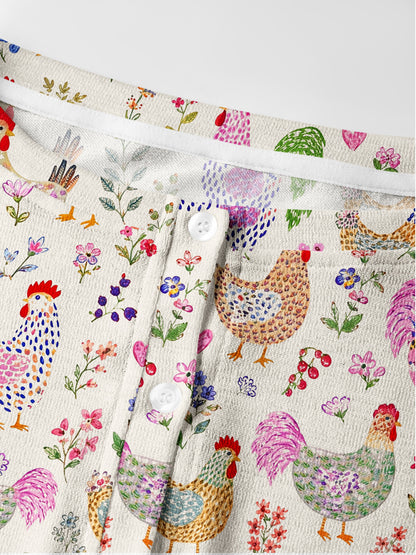Lightweight Crew Neck Long‑Sleeve Cropped Colorful Farm Chickens Print Fine‑Knit Cardigan