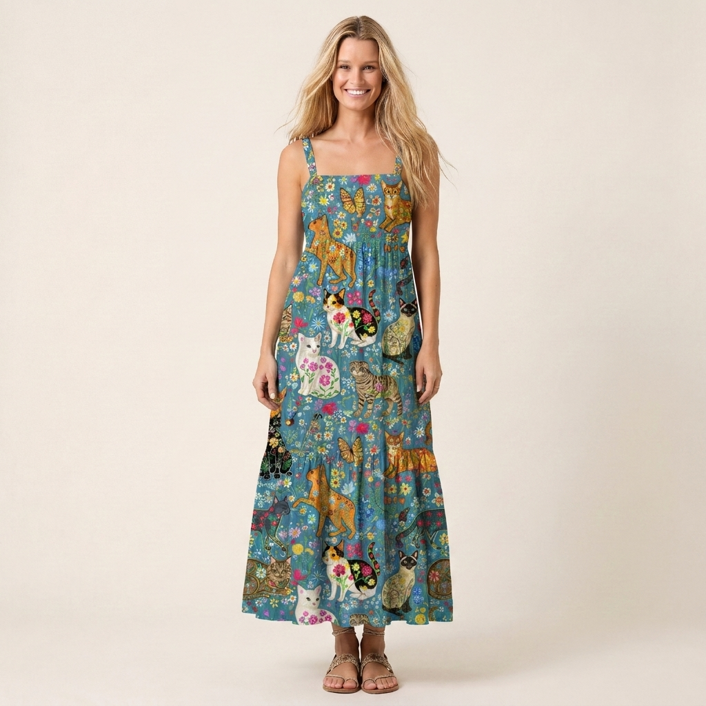 Colorful Garden Cat Pattern Wide Straps Maxi Dress With Pockets