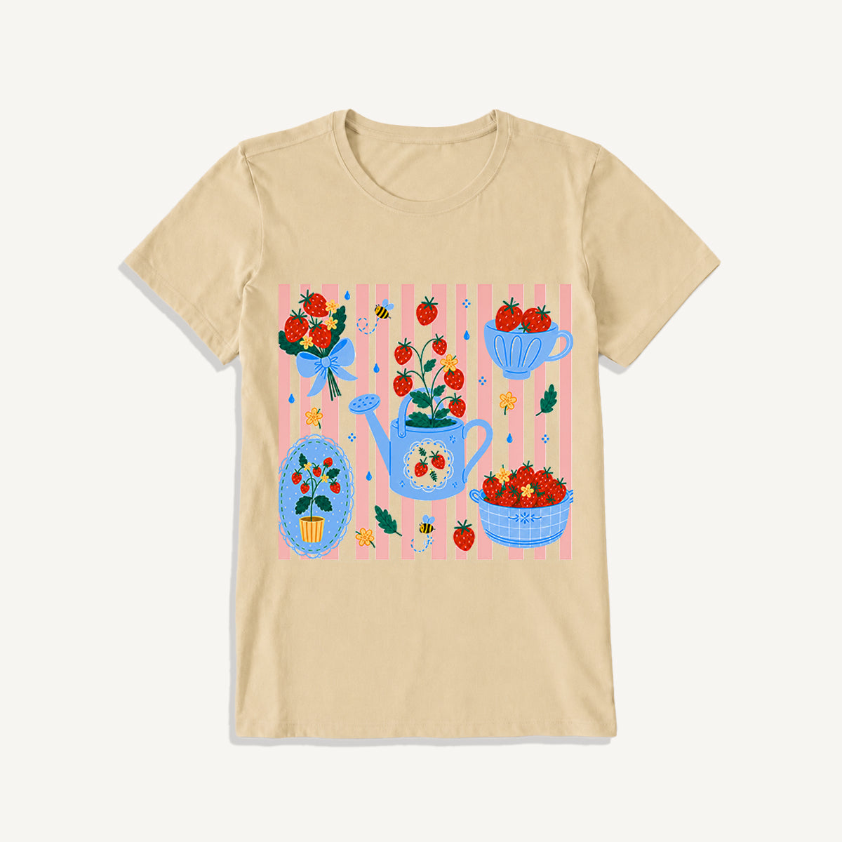 Strawberry Garden Harvest Print Crew Neck Cotton Tee