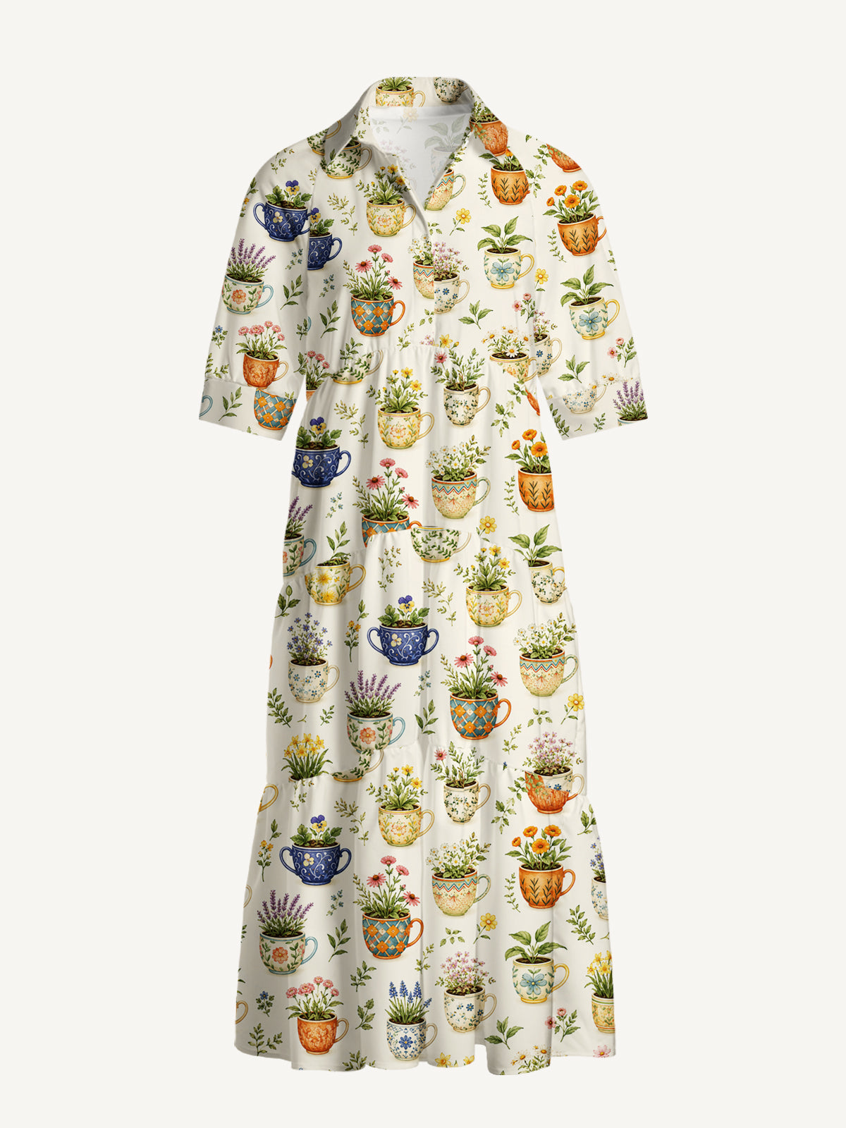 V Neck Collared Whimsical Teacup Garden Print Casual Midi Dress With Pockets