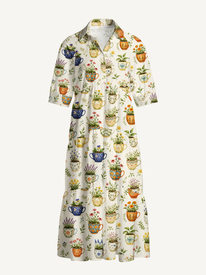 V Neck Collared Whimsical Teacup Garden Print Casual Midi Dress With Pockets