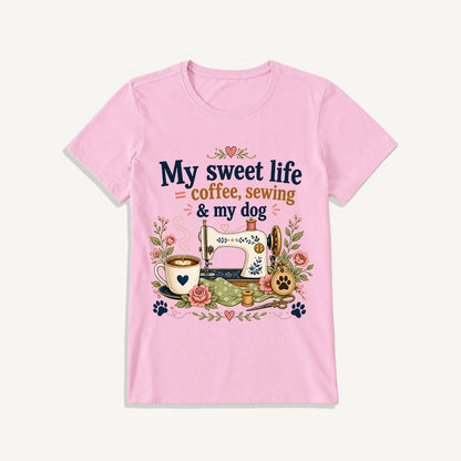 Coffee Sewing and My Dog Print Crew Neck Cotton Tee