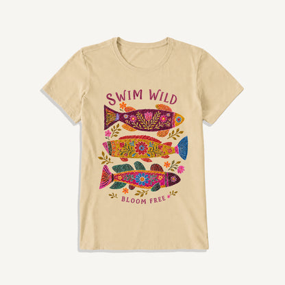 Folk Floral Fish Print Crew Neck Cotton Tee