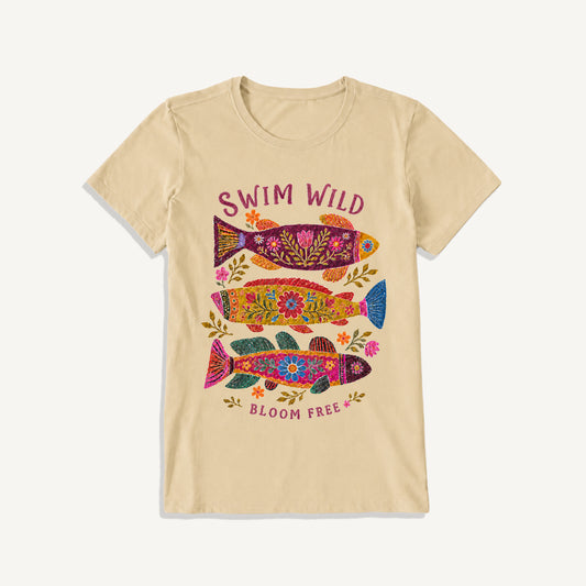 Folk Floral Fish Print Crew Neck Cotton Tee
