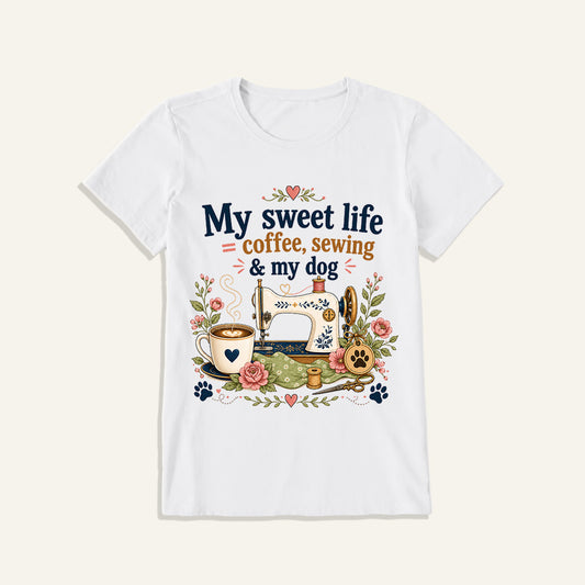 Coffee Sewing and My Dog Print Crew Neck Cotton Tee