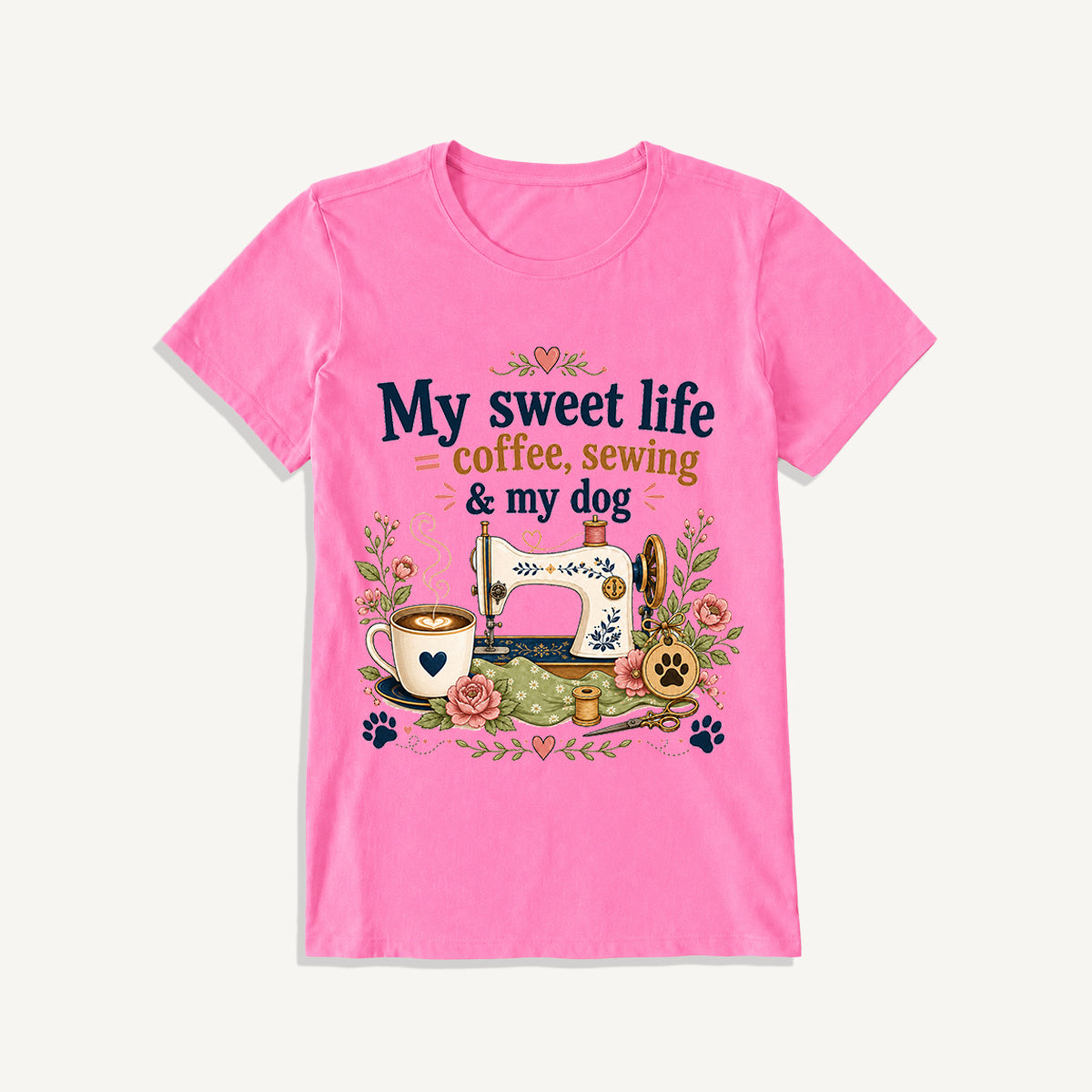 Coffee Sewing and My Dog Print Crew Neck Cotton Tee