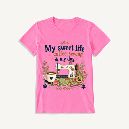 Coffee Sewing and My Dog Print Crew Neck Cotton Tee
