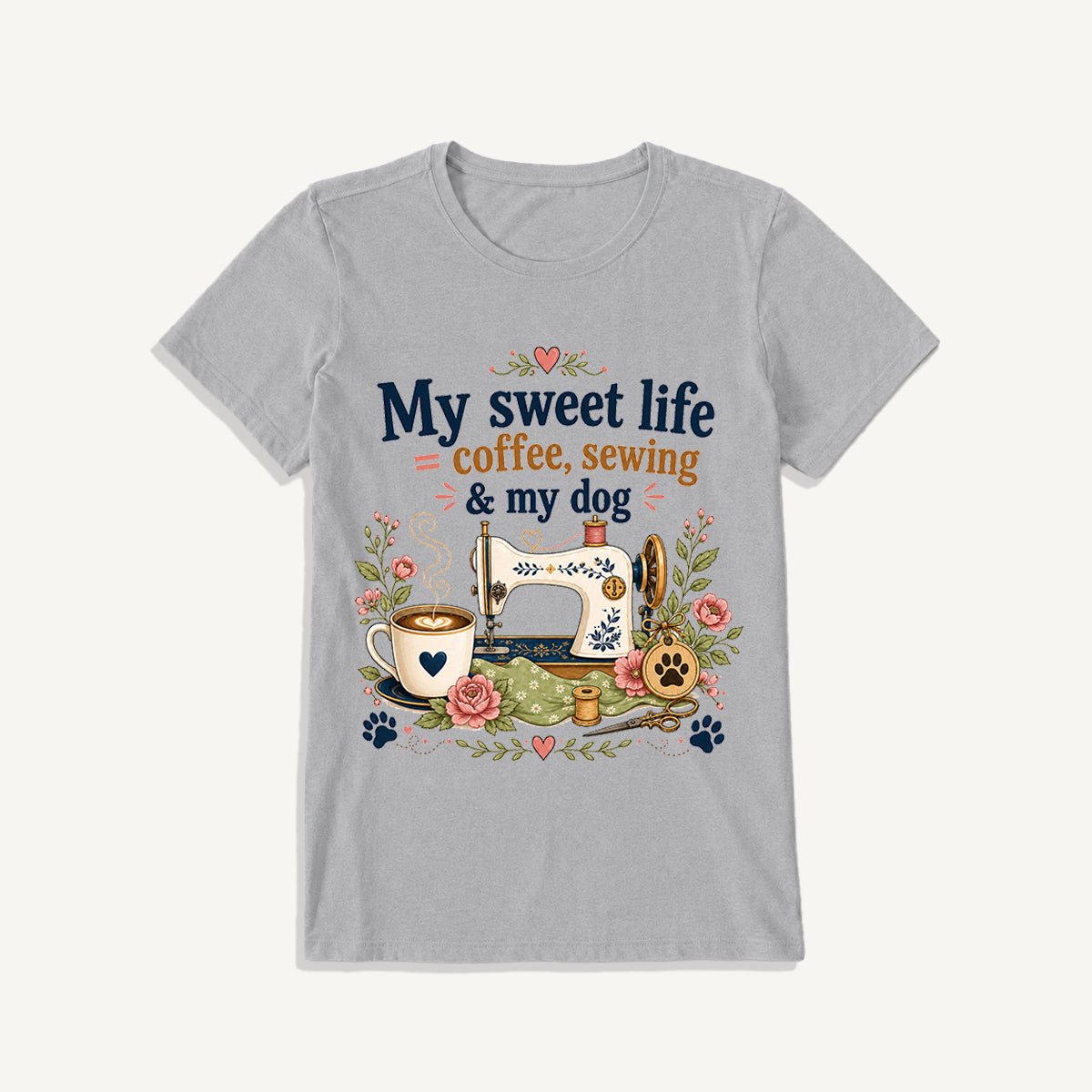 Coffee Sewing and My Dog Print Crew Neck Cotton Tee