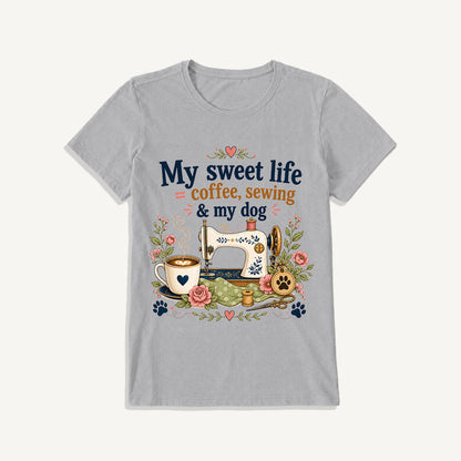 Coffee Sewing and My Dog Print Crew Neck Cotton Tee