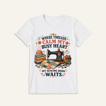 Calm Heart Sewing Room Print Crew Neck Cotton Tee