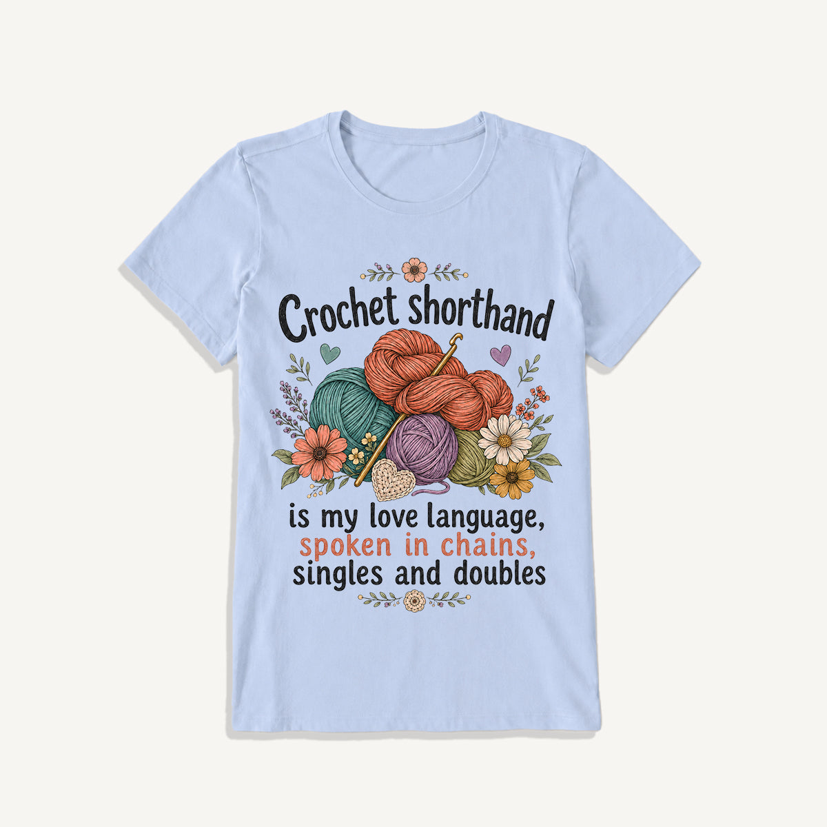 Crochet Love Language Print Crew Neck Cotton Tee