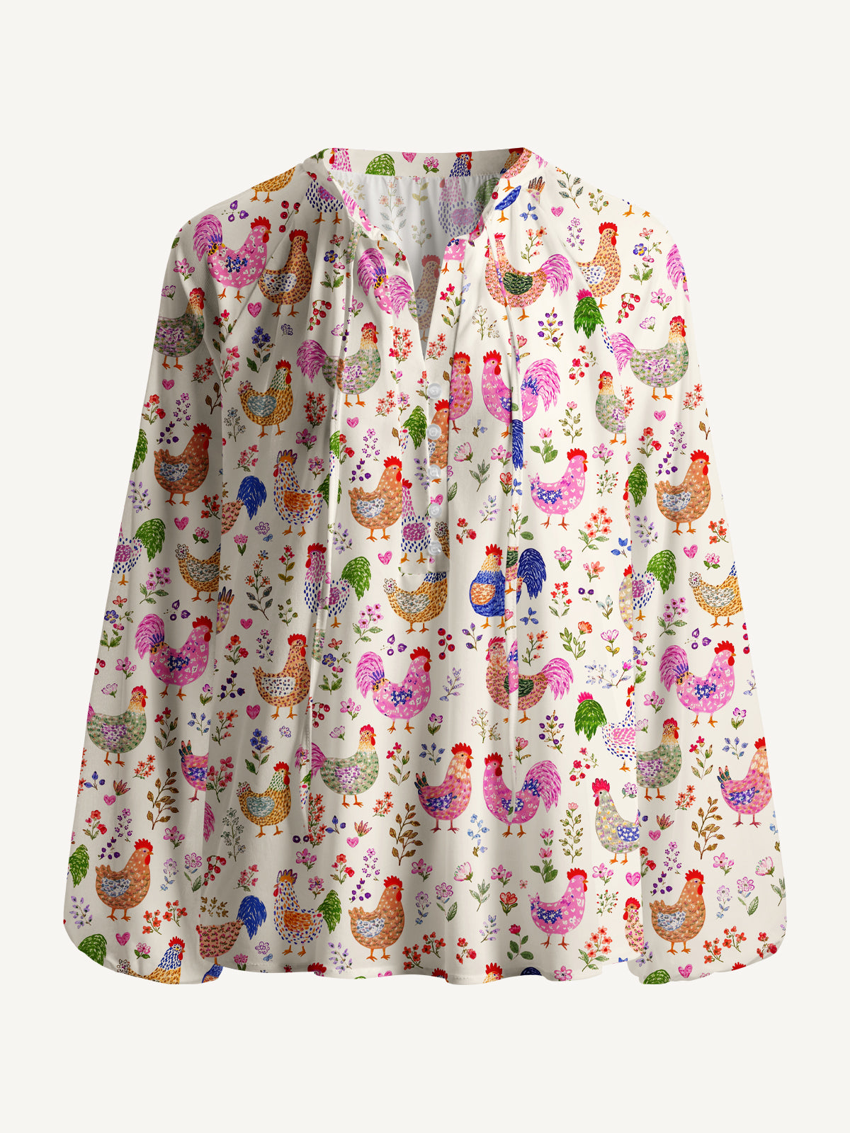 Colorful Farm Chickens Print Boho Long Sleeve Tie‑Neck Blouse