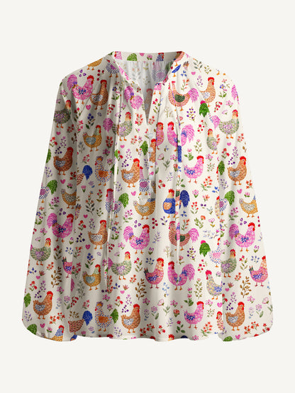 Colorful Farm Chickens Print Boho Long Sleeve Tie‑Neck Blouse