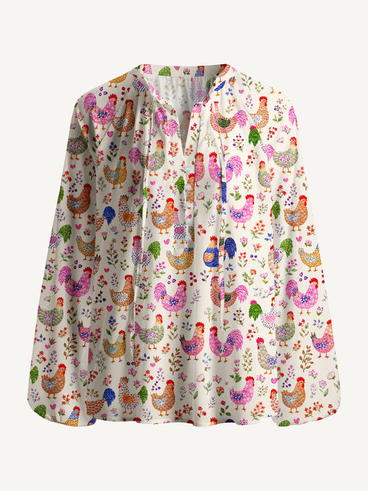 Colorful Farm Chickens Print Boho Long Sleeve Tie‑Neck Blouse