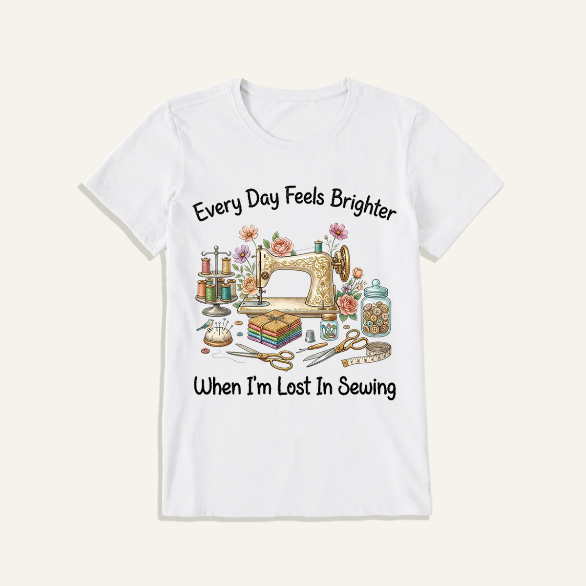 Lost in Sewing Joy Print Crew Neck Cotton Tee