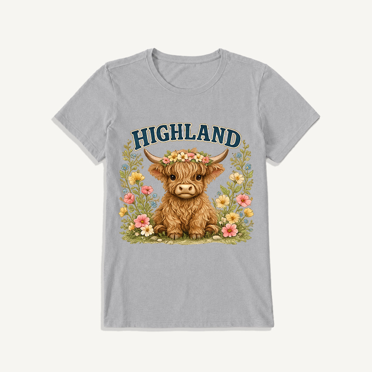 Highland Cow Wildflower Print Crew Neck Cotton Tee