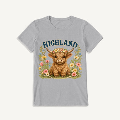 Highland Cow Wildflower Print Crew Neck Cotton Tee