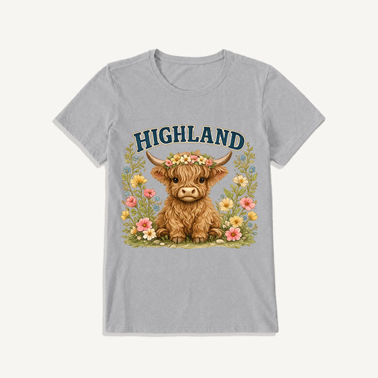 Highland Cow Wildflower Print Crew Neck Cotton Tee