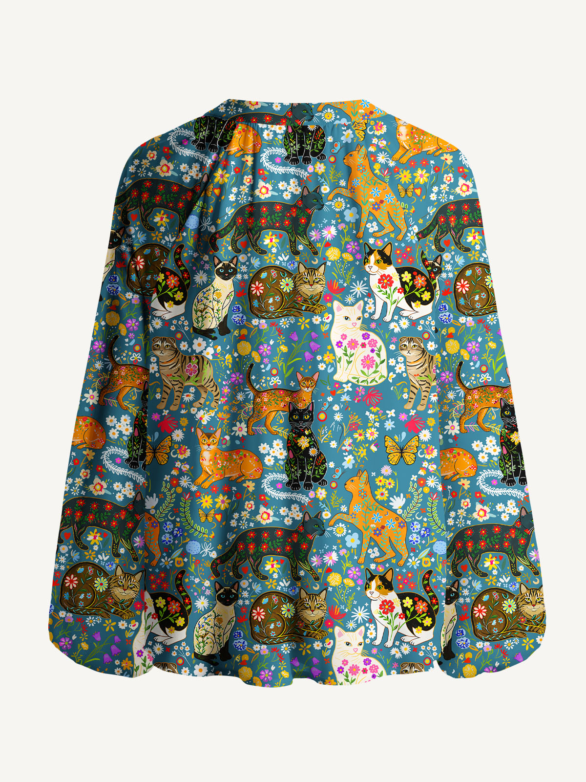 Colorful Garden Cat Pattern Print Boho Long Sleeve Tie‑Neck Blouse