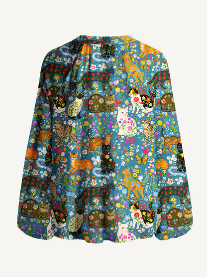 Colorful Garden Cat Pattern Print Boho Long Sleeve Tie‑Neck Blouse
