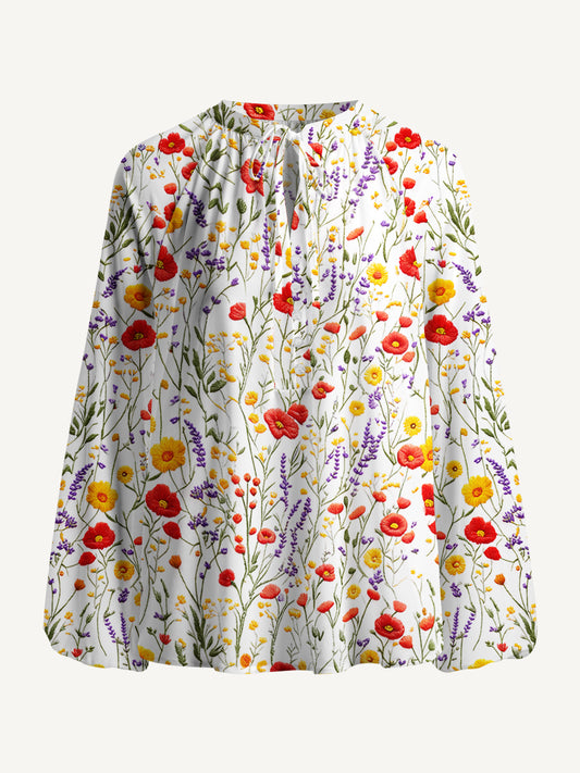 Floral Meadow Sunshine Print Boho Long Sleeve Tie‑Neck Blouse