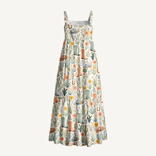 Western Desert Cactus Cowboy Boots Print Wide Straps Maxi Dress With Pockets