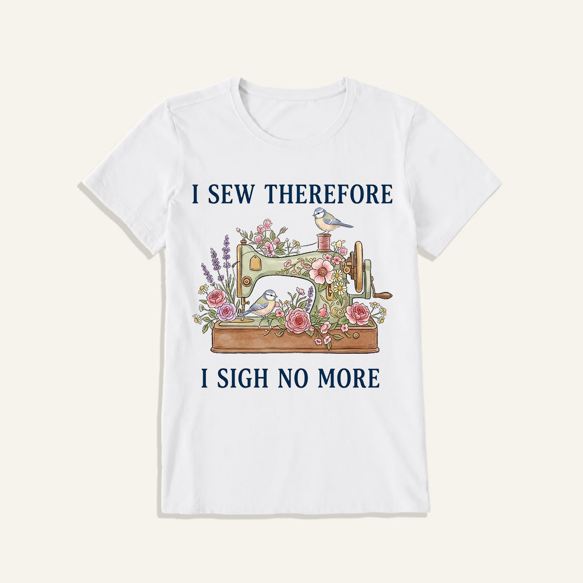 Floral Bird Sewing Serenity Print Crew Neck Cotton Tee