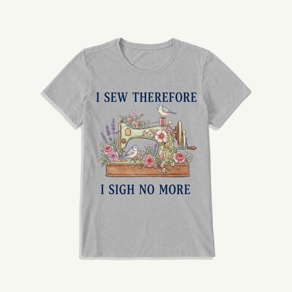 Floral Bird Sewing Serenity Print Crew Neck Cotton Tee