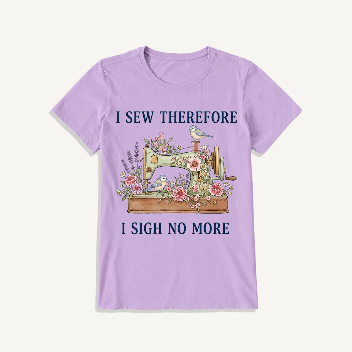 Floral Bird Sewing Serenity Print Crew Neck Cotton Tee