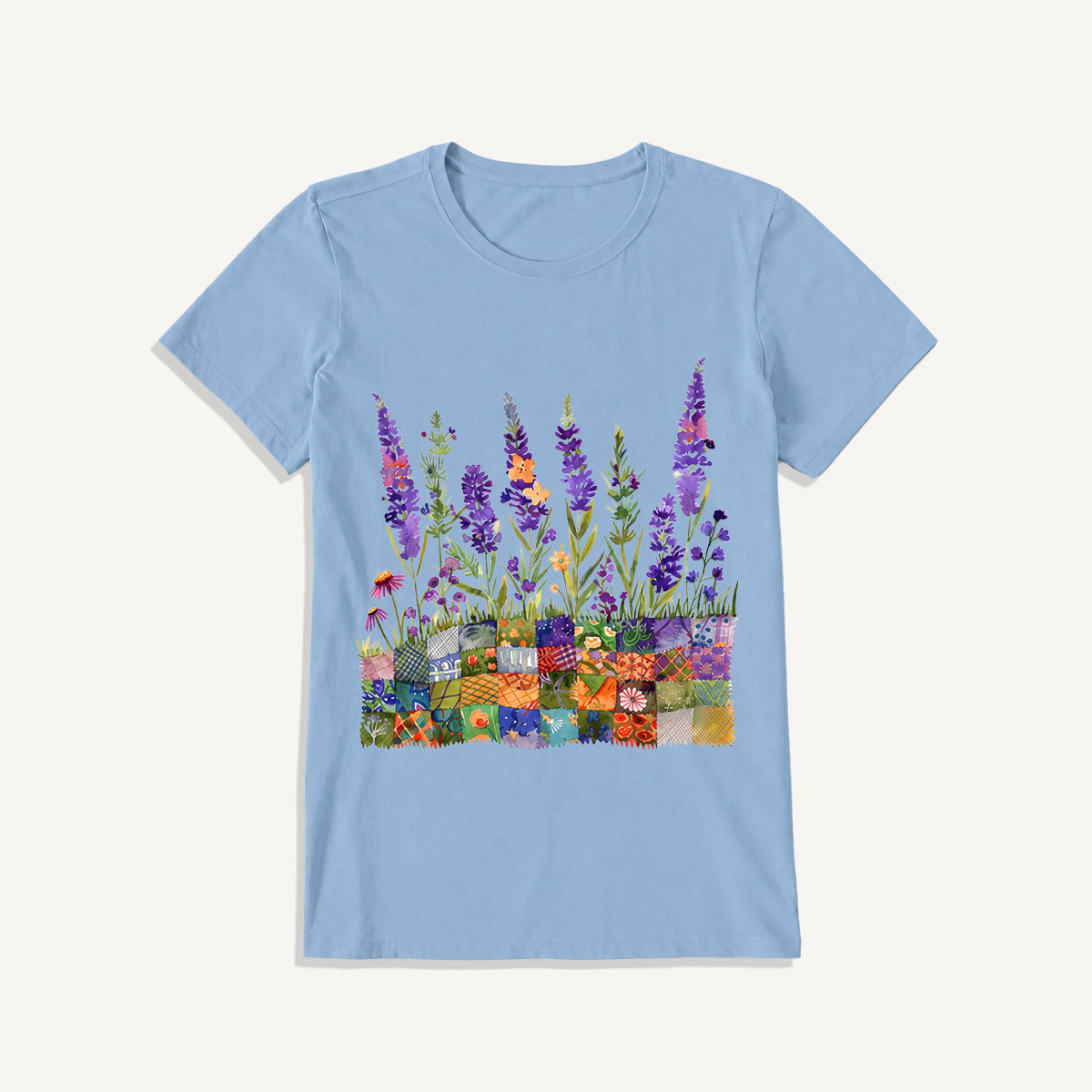 Lavender on Patchwork Meadow Print Crew Neck Cotton Tee