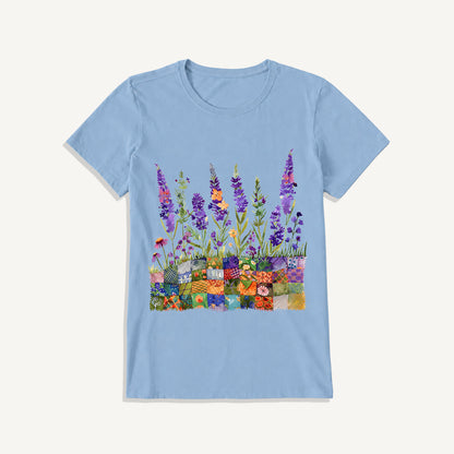 Lavender on Patchwork Meadow Print Crew Neck Cotton Tee