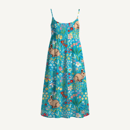 Blue Garden Rabbit Spaghetti Strap Mini Dress