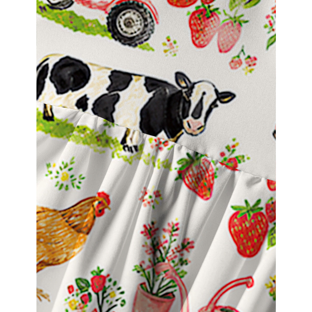 Watercolor Pink Farm Cow Chicken Print Spaghetti Strap Mini Dress