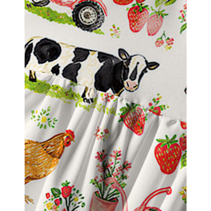 Watercolor Pink Farm Cow Chicken Print Spaghetti Strap Mini Dress