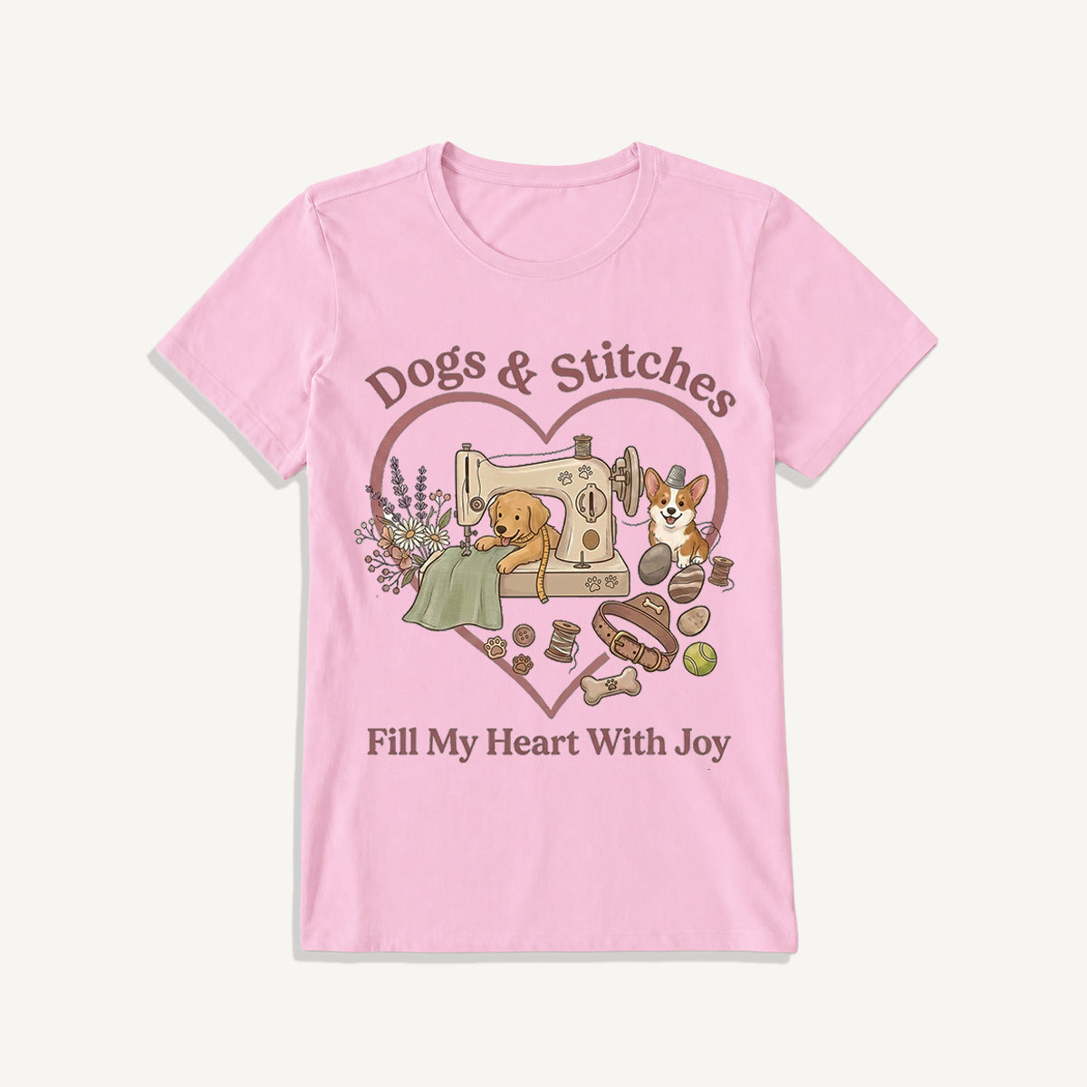Puppy Stitches and Joy Print Crew Neck Cotton Tee