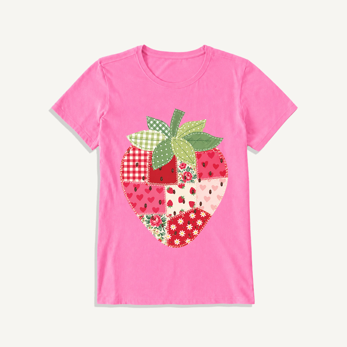 Folk Patchwork Strawberry Print Crew Neck Cotton Tee