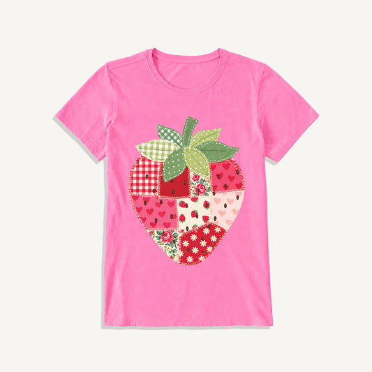 Folk Patchwork Strawberry Print Crew Neck Cotton Tee