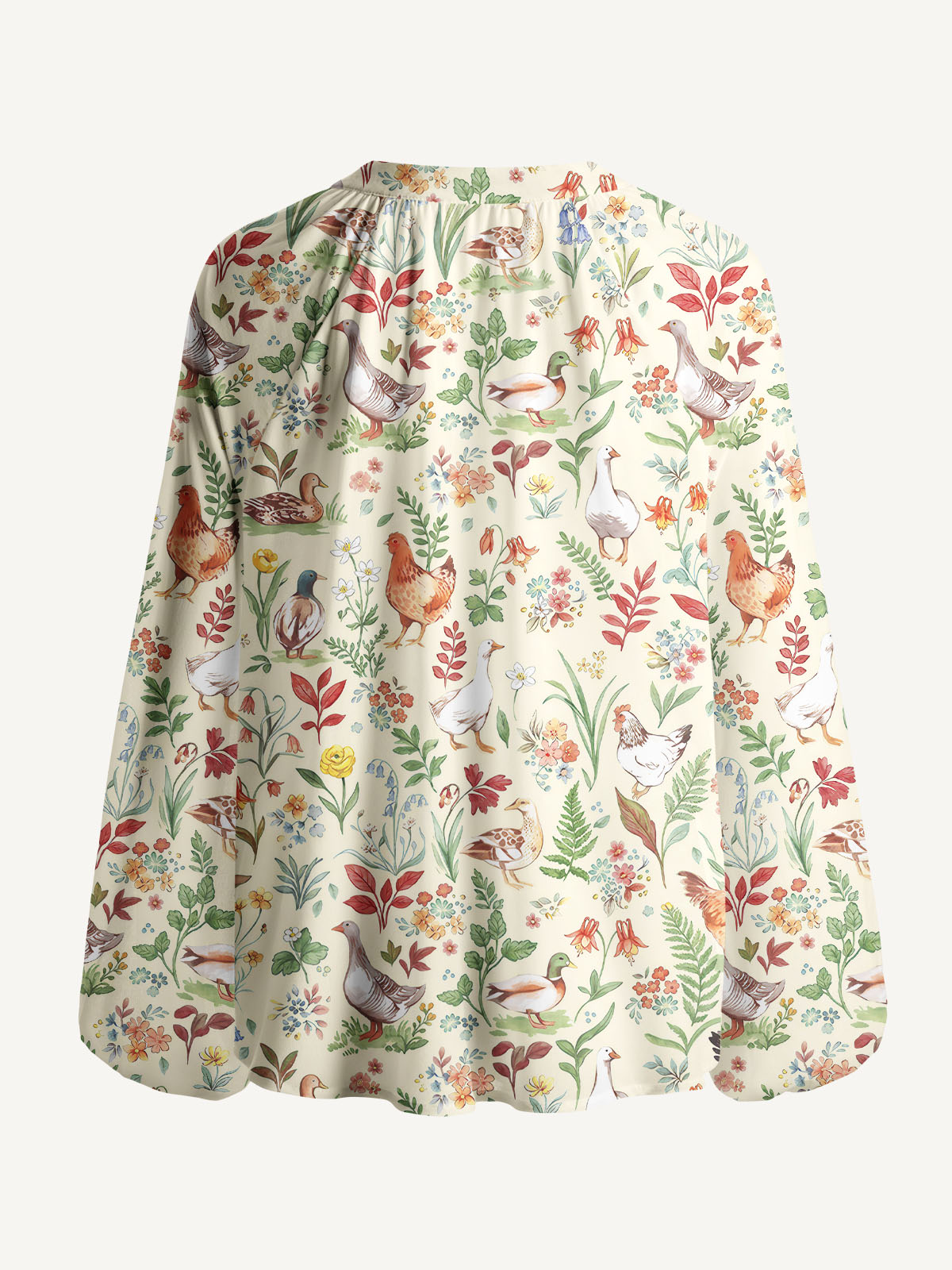 Countryside Garden Critter Print Boho Long Sleeve Tie‑Neck Blouse