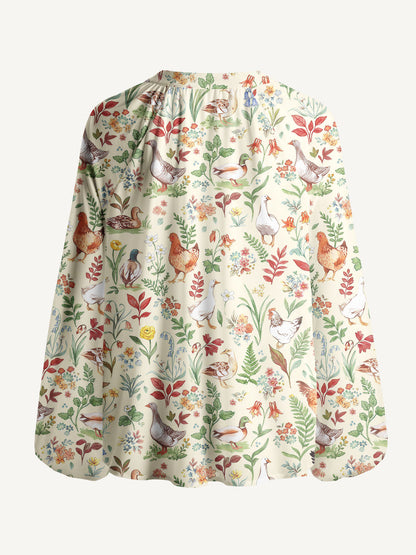 Countryside Garden Critter Print Boho Long Sleeve Tie‑Neck Blouse