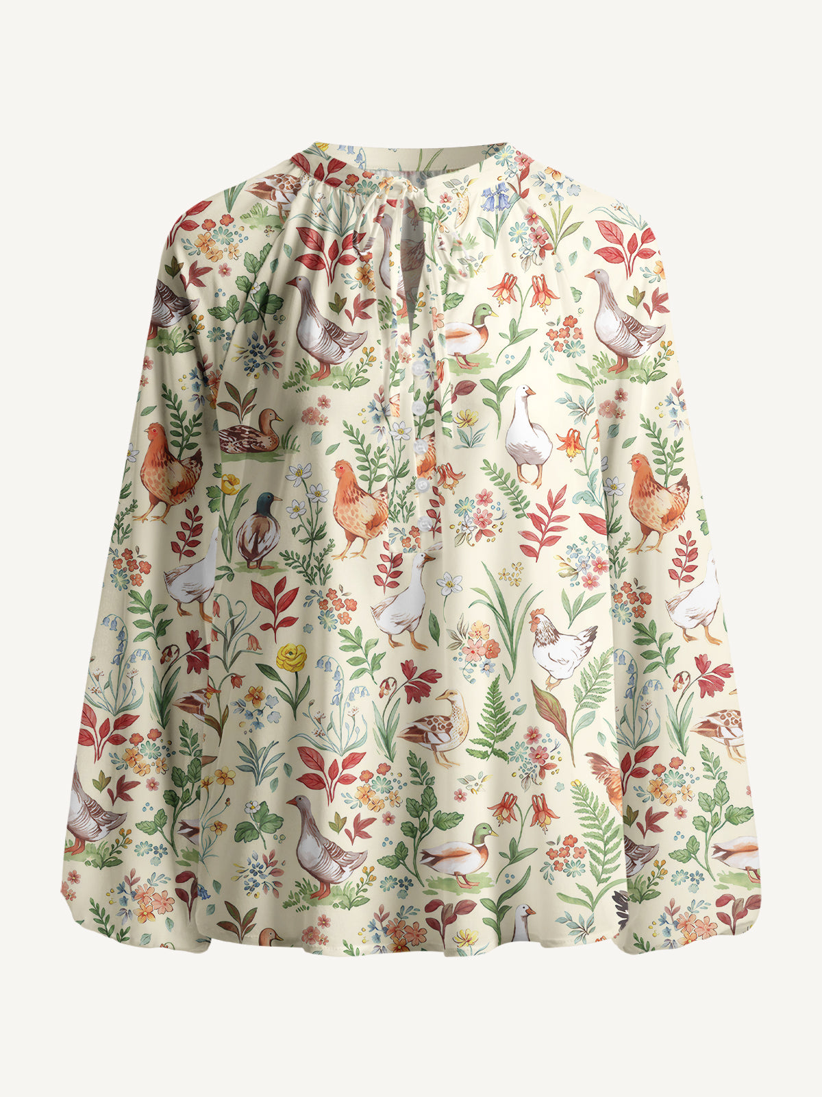 Countryside Garden Critter Print Boho Long Sleeve Tie‑Neck Blouse