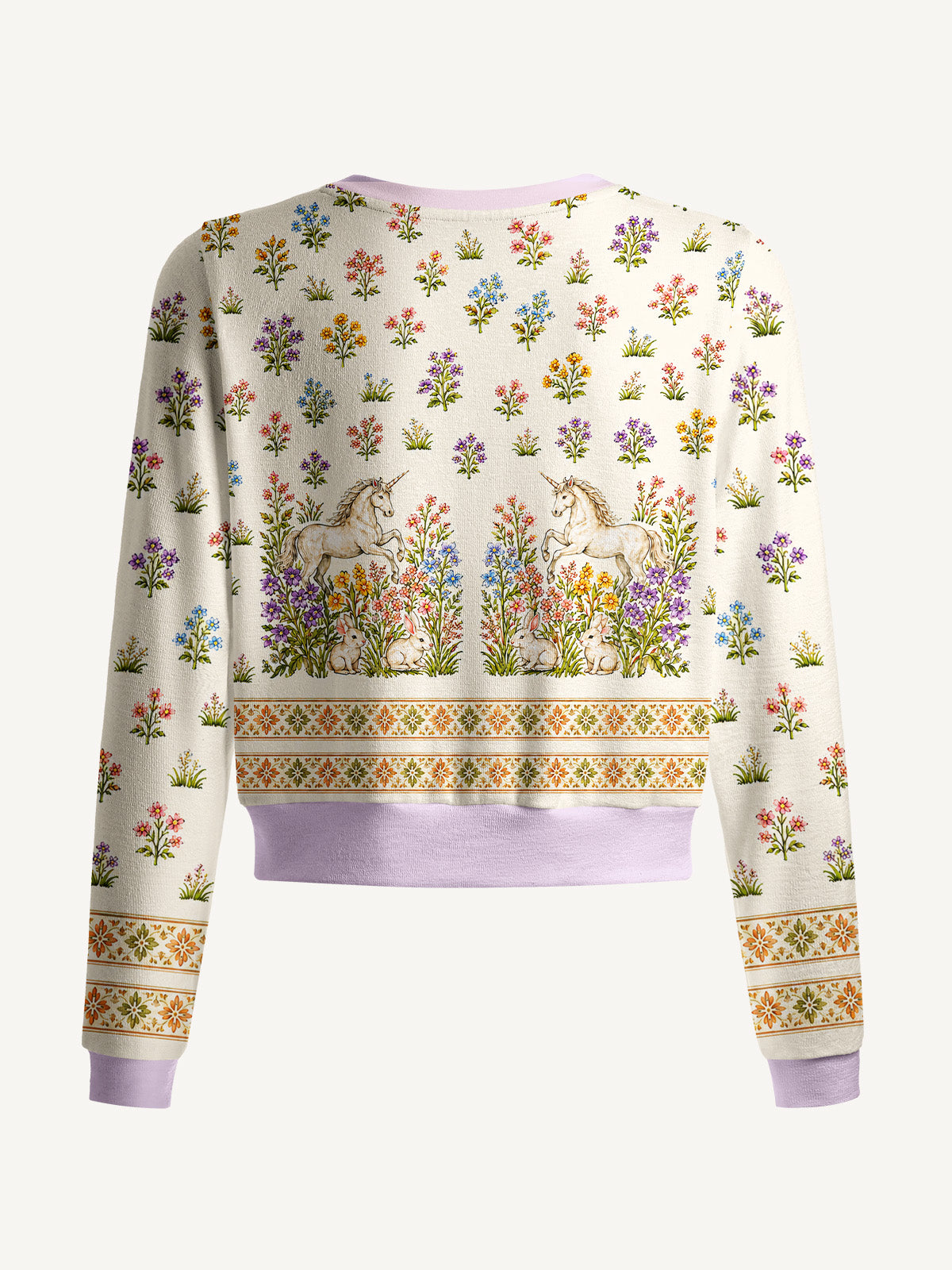 Lightweight Crew Neck Long‑Sleeve Cropped Enchanted Unicorn Garden Print Fine‑Knit Cardigan