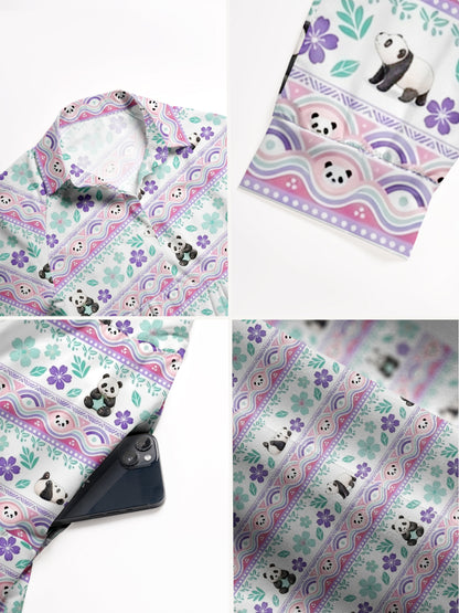 V Neck Collared Panda Carnival  Story Print Casual Midi Dress With Pockets