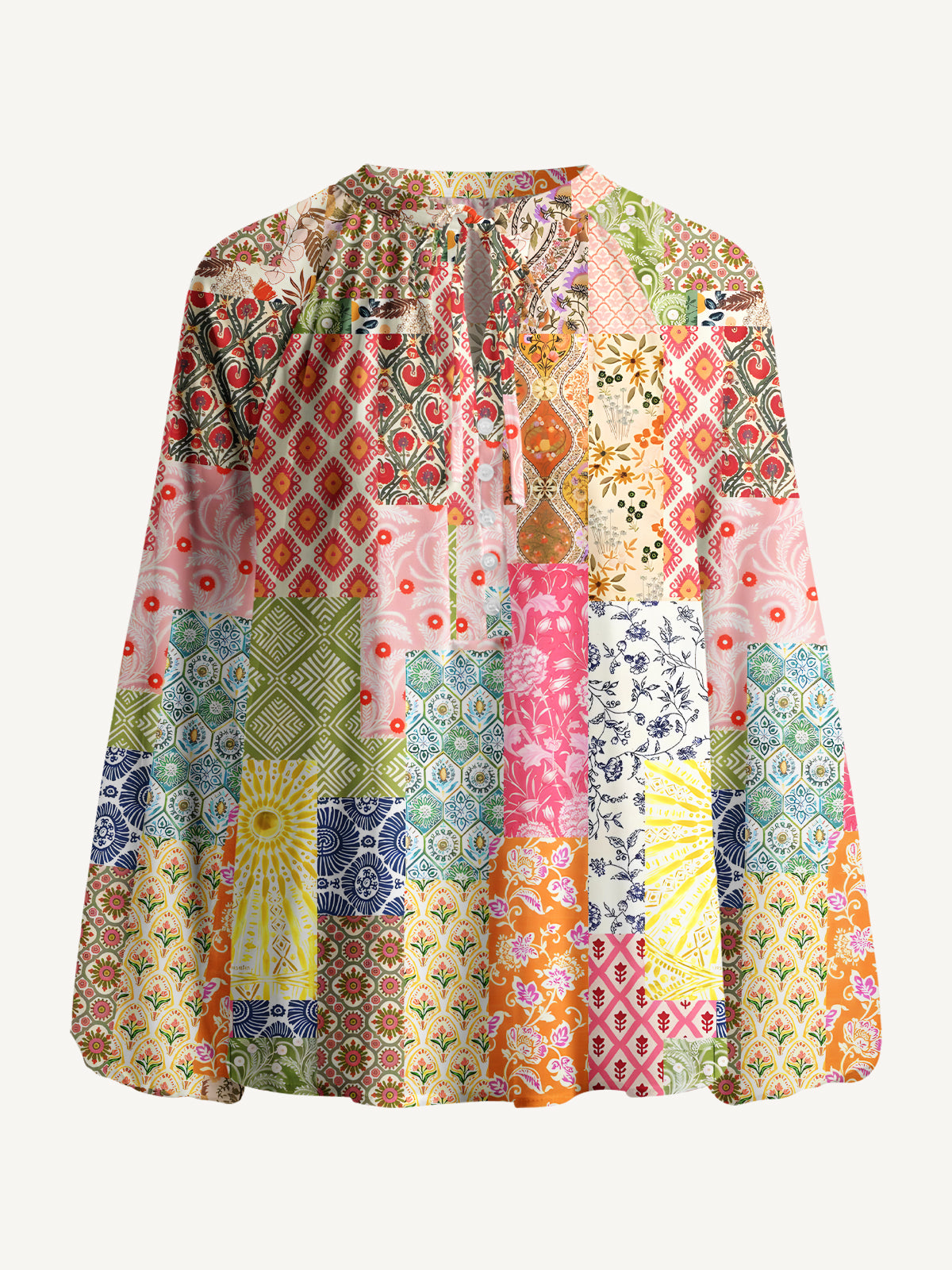 Colorful Bohemian Patchwork Print Boho Long Sleeve Tie‑Neck Blouse